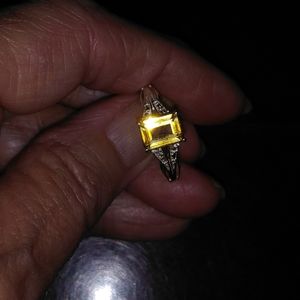 Size 9 Emerald Cut Citrine Double Split Shank w/Diamond Accents 925 Sterling